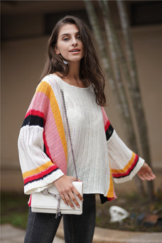 Color-Autumn Winter Sweater Popular Loose Patchwork Knitting Rainbow Women Top-Fancey Boutique