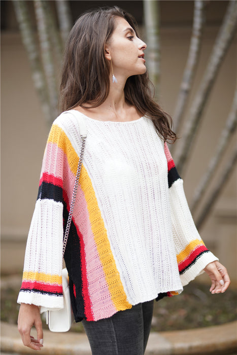 Color-Autumn Winter Sweater Popular Loose Patchwork Knitting Rainbow Women Top-Fancey Boutique