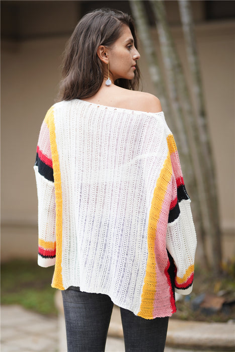 Color-Autumn Winter Sweater Popular Loose Patchwork Knitting Rainbow Women Top-Fancey Boutique