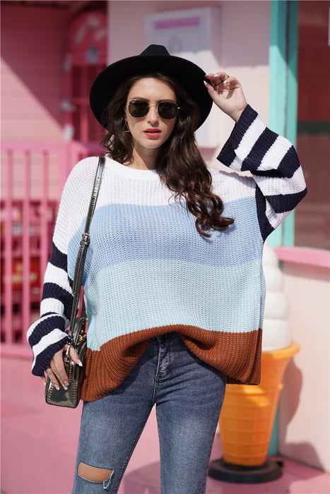 Color-Autumn Winter Women Color Splicing Knitwear Pullover Office Loose Sweater Women-Fancey Boutique