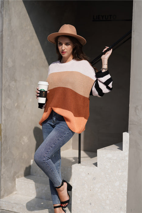 Color-Autumn Winter Women Color Splicing Knitwear Pullover Office Loose Sweater Women-Fancey Boutique