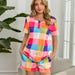 Color-Summer Colored Plaid Printed Homewear Beachwear Casual Suit T Shirt Women-Fancey Boutique