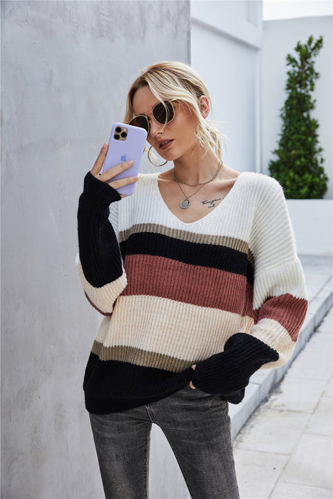 Color-Autumn Winter Online Influencer Pullover Patchwork V neck plus Size Knitwear Sweater-Fancey Boutique