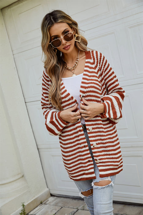 Color-Autumn Winter Fashionable Striped Knitted plus Size Loose Idle Brown Single Breasted V neck Cardigan Sweater-Fancey Boutique