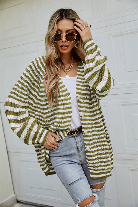 Color-Autumn Winter Fashionable Striped Knitted plus Size Loose Idle Brown Single Breasted V neck Cardigan Sweater-Fancey Boutique