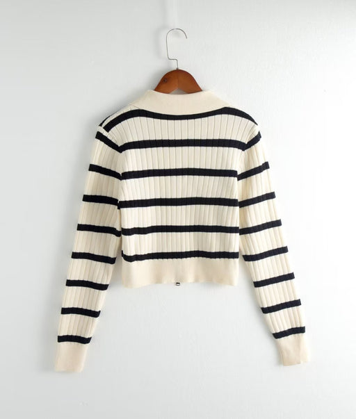 Color-Sexy Polo Collar Stripes Knitwear Women Autumn Winter Zipper Short Cardigan Top-Fancey Boutique