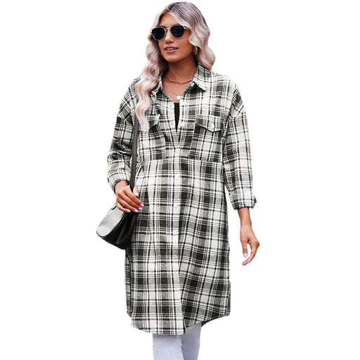 Color-Mid Length Shacket for Women Spring Autumn Printed Checks Collared Single Breasted Coat for Women-Fancey Boutique