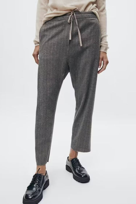 Color-Spring Autumn Gray Herringbone Twill High Waist Wide Leg Trousers-Fancey Boutique