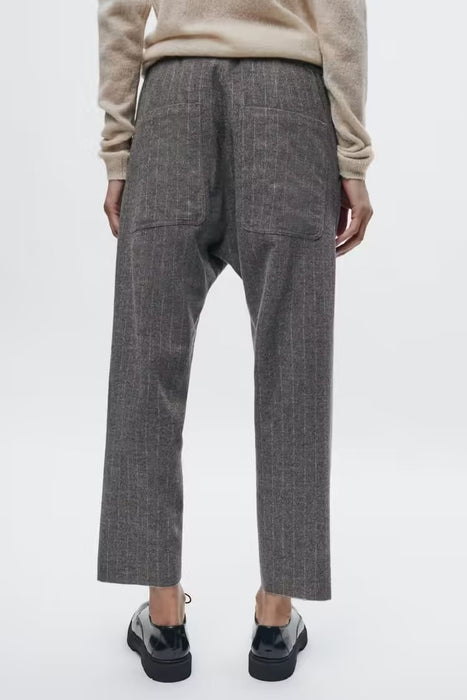Color-Spring Autumn Gray Herringbone Twill High Waist Wide Leg Trousers-Fancey Boutique