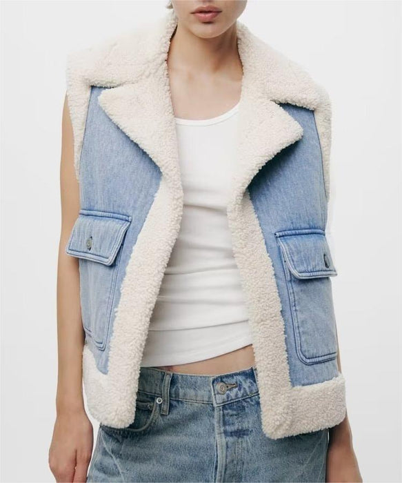 Color-Autumn Winter Women Clothing Simple Loose Lamb Wool Fleece Double Sided Denim Vest-Fancey Boutique