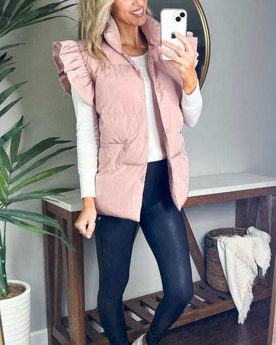 Color-Ladies Autumn Winter down Jacket Casual Stand Collar Buckle Double Pocket Flying Lotus Sleeve Vest-Fancey Boutique