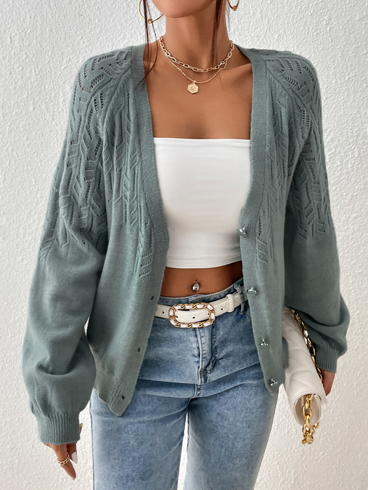 Color-Geometric Abstract Pattern V Neck Cardigan Knitted Single Breasted Solid Color Sweater Women Long Sleeve Short Cardigan-Fancey Boutique