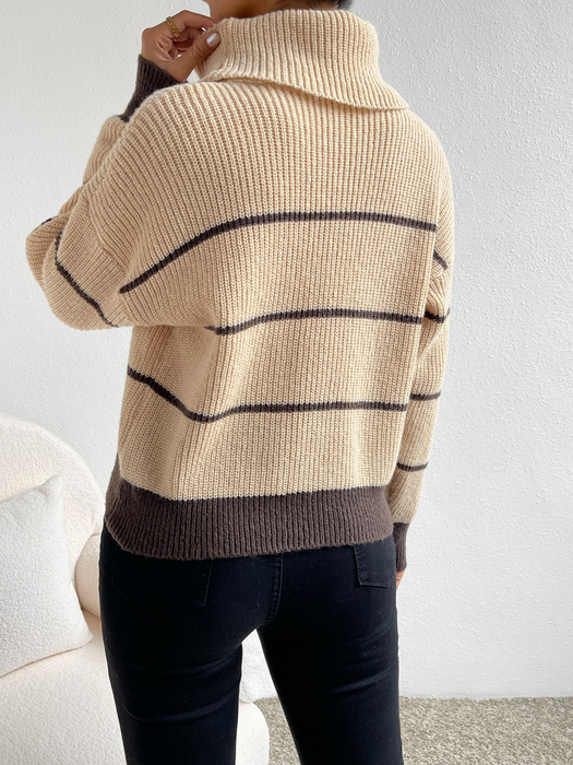Color-Casual Striped Contrast Color Top High Necked All Matching Casual Sweater Loose Sweater-Fancey Boutique
