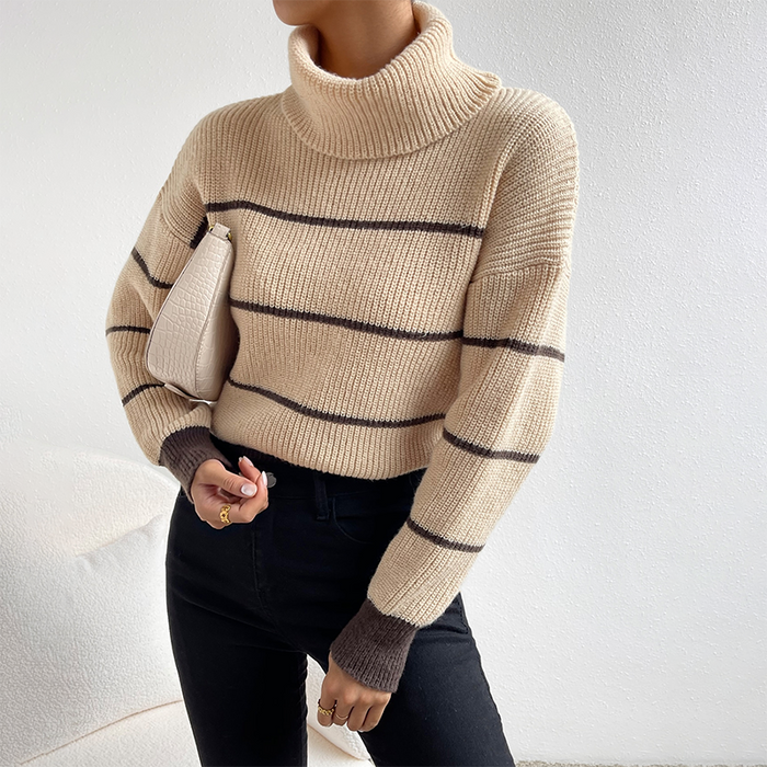 Color-Casual Striped Contrast Color Top High Necked All Matching Casual Sweater Loose Sweater-Fancey Boutique