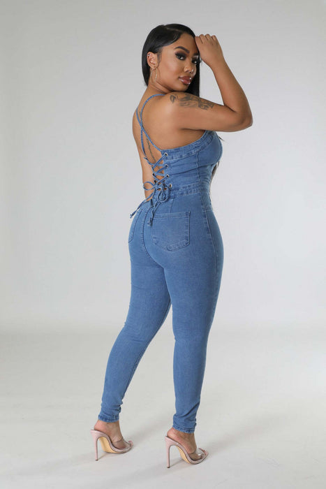 Color-Casual Close Fitting Slim Fitting Backless Bandage Corns Denim Jumpsuit-Fancey Boutique