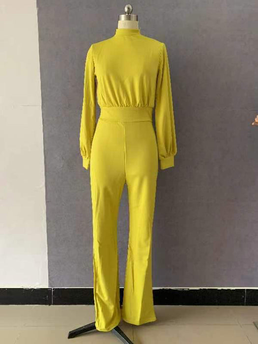 Color-Half Turtleneck Lantern Sleeve Simple Capable Office Lady Jumpsuit-Fancey Boutique