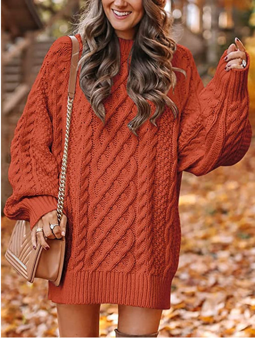 Color-Round Neck Long Sleeve Twisted Knitted Thick Needle Pullover Mid Length Sweater Women Dress-Fancey Boutique