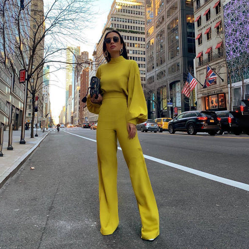 Color-Solid Color Turtleneck Backless Long Sleeves Casual One piece Trousers-Fancey Boutique