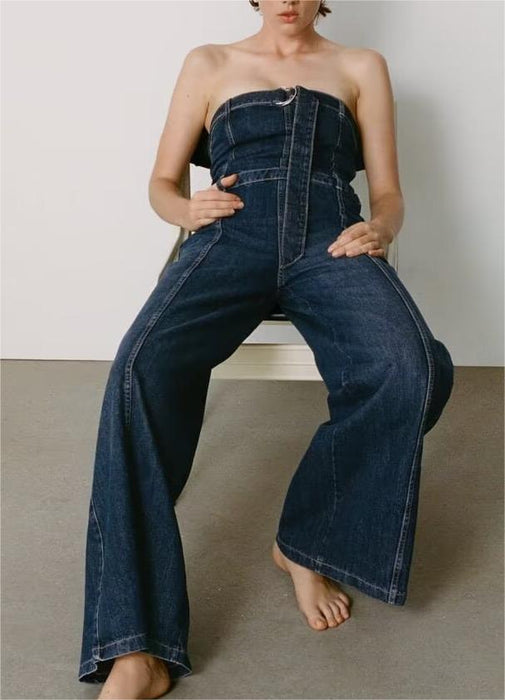 Color-Women Clothing French Slim Fit off the Shoulder Tube Top Denim Jumpsuit-Fancey Boutique