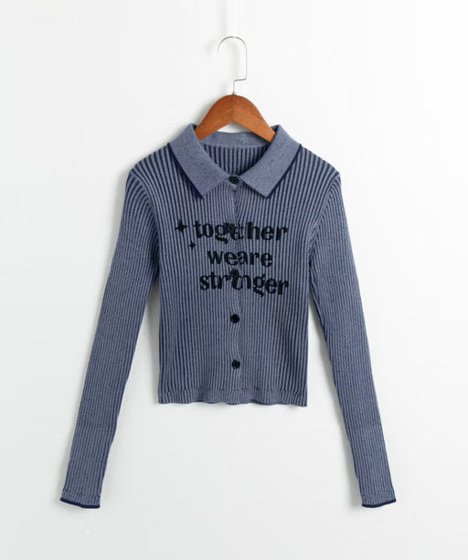 Color-Autumn Collared Long Sleeve Letter Graphic Print Color Contrasting Stripe Stretch Slim Sweater-Fancey Boutique