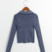 Color-Autumn Collared Long Sleeve Letter Graphic Print Color Contrasting Stripe Stretch Slim Sweater-Fancey Boutique