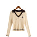 Color-Autumn Korean Simple Spicy Girl Elegant V neck Two Color Matching Long Sleeve Sweater-Fancey Boutique
