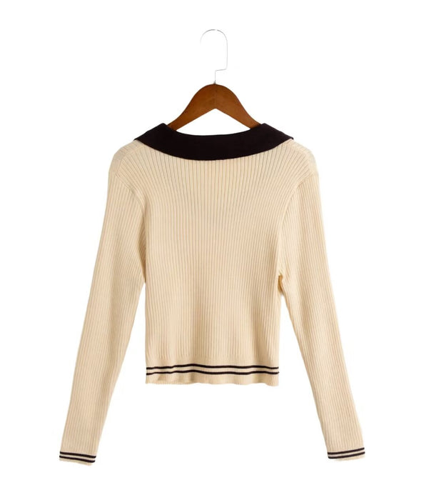 Color-Autumn Korean Simple Spicy Girl Elegant V neck Two Color Matching Long Sleeve Sweater-Fancey Boutique