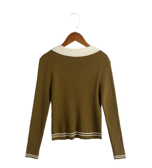 Color-Autumn Korean Simple Spicy Girl Elegant V neck Two Color Matching Long Sleeve Sweater-Fancey Boutique