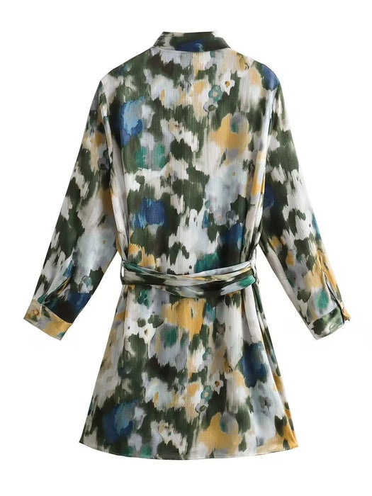 Color-Winter Elegant Collared Long Sleeve Printing Series Belt Printing Dyeing Dress Women-Fancey Boutique