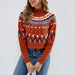 Color-Women Clothing Jacquard Retro Contrast Color Red Sweater Loose round Neck Christmas Year Sweater-Fancey Boutique