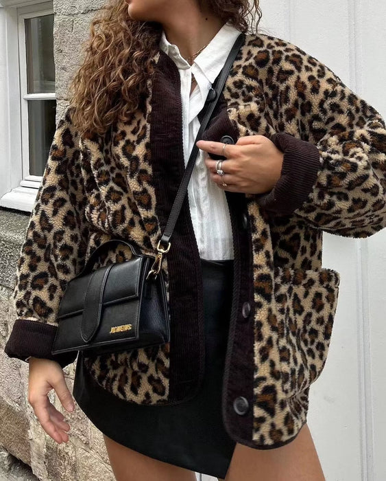 Color-Autumn Casual Leopard Print Round Neck Loose Casual Jacket Coat-Fancey Boutique