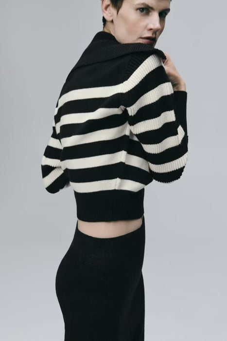 Color-Women Loose Striped Sweater Women Zipper Polo Coat Women Thick Sweater Short Top Sweater-Fancey Boutique