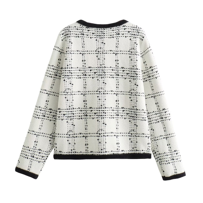 Color-Multi-Short Coat Furry Stitching Classic Black White Contrast Color Multi Pocket Tweed Top-Fancey Boutique