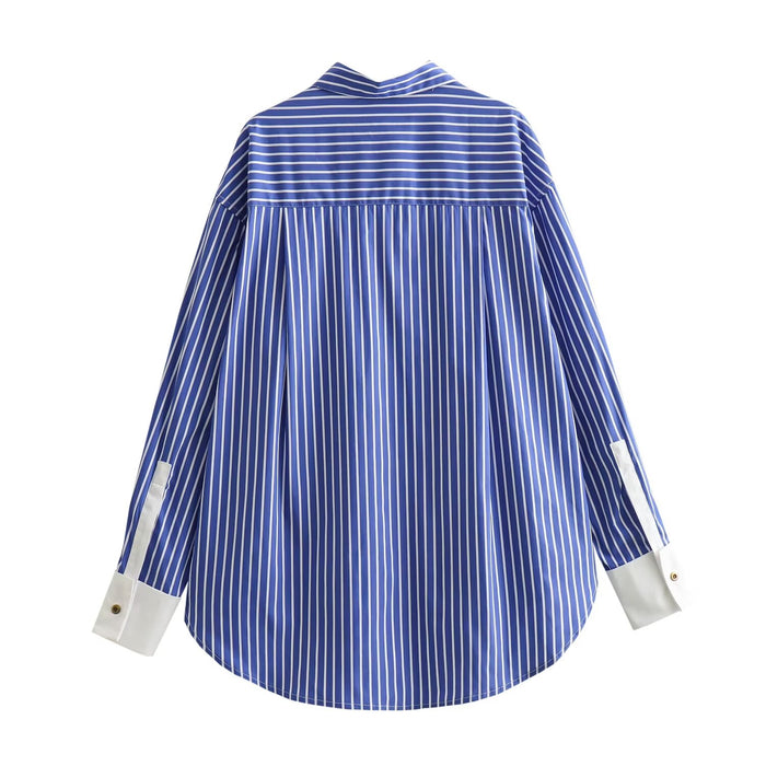 Color-Blue Striped Shirt Women Autumn Loose Inner Wear Simple Striped Shirt Top for Women-Fancey Boutique