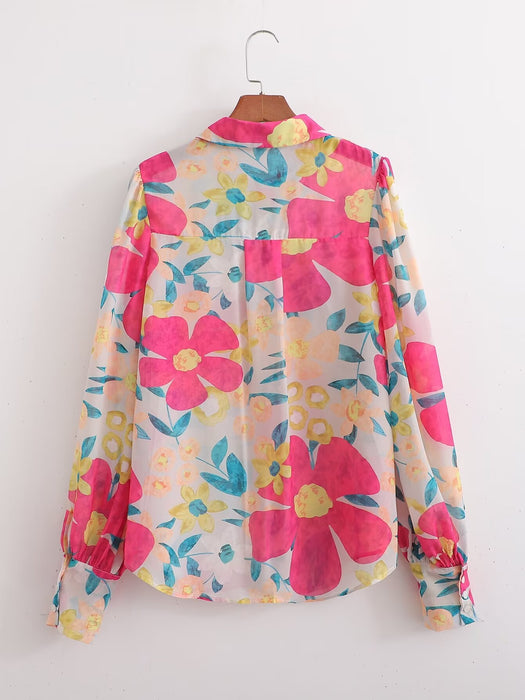 Color-Women Clothing Floral Print Loose Collared Long Sleeves Shirt-Fancey Boutique