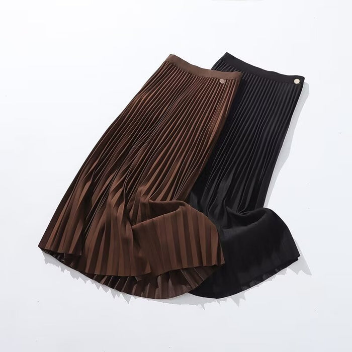 Color-Winter Mid Length Elastic Waist Woolen Pleated Skirt Skirt Women-Fancey Boutique