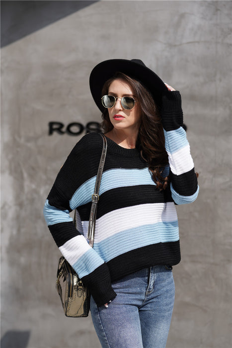 Color-Autumn Winter Women Color Splicing Knitwear Pullover Office Office Oversized Loose Sweater Women-Fancey Boutique