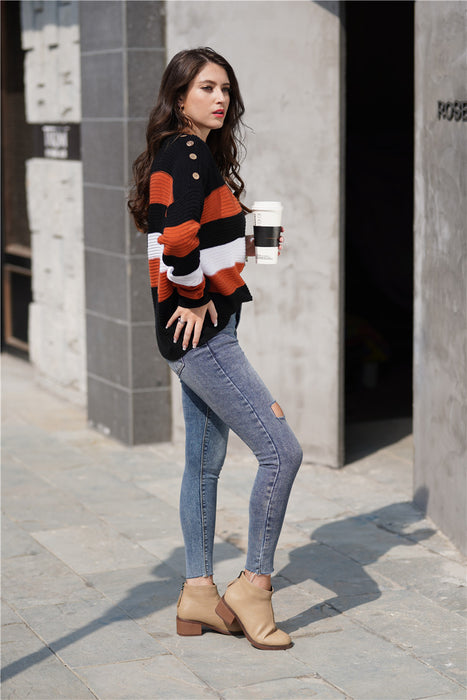 Color-Autumn Winter Women Color Splicing Knitwear Pullover Office Office Oversized Loose Sweater Women-Fancey Boutique