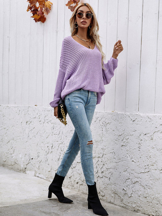 Color-Winter Solid Color Knitwear Pullover V Neck Women Clothing Loose Fitting Oversized Sweater Women-Fancey Boutique