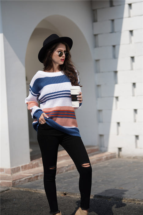 Color-Women Rainbow Color Splicing Knitwear Pullover Office Loose Sweater Women-Fancey Boutique