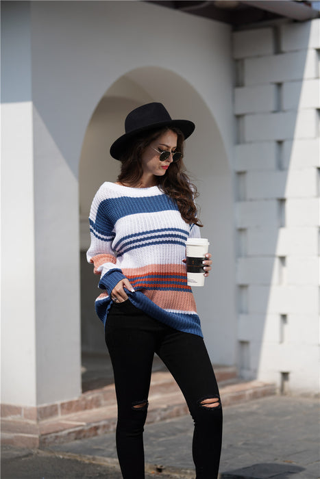 Color-Women Rainbow Color Splicing Knitwear Pullover Office Loose Sweater Women-Fancey Boutique