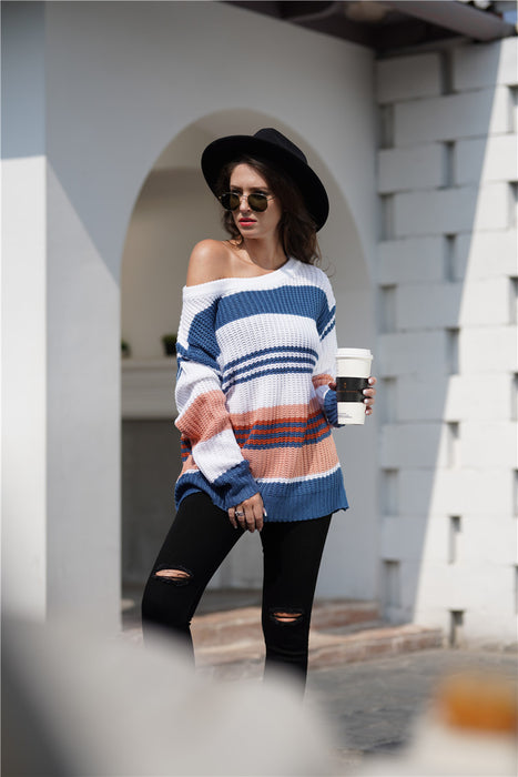 Color-Women Rainbow Color Splicing Knitwear Pullover Office Loose Sweater Women-Fancey Boutique