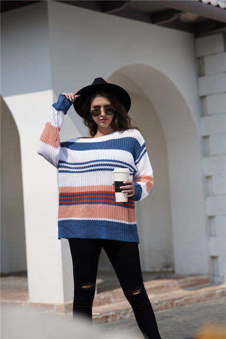 Color-Women Rainbow Color Splicing Knitwear Pullover Office Loose Sweater Women-Fancey Boutique