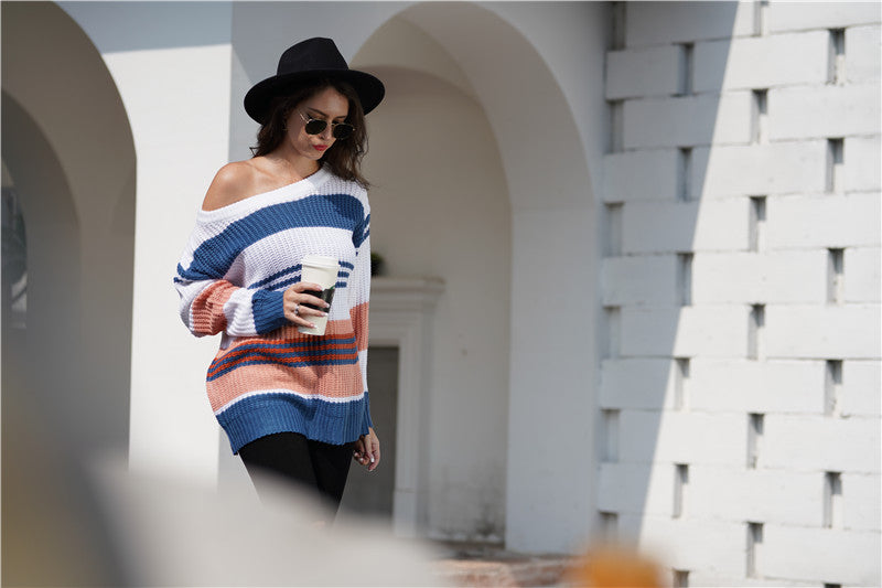 Color-Women Rainbow Color Splicing Knitwear Pullover Office Loose Sweater Women-Fancey Boutique