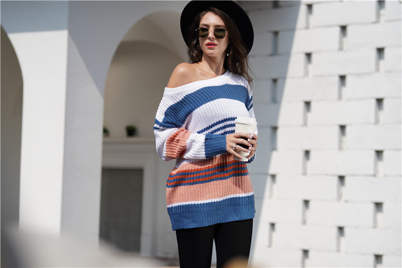 Color-Women Rainbow Color Splicing Knitwear Pullover Office Loose Sweater Women-Fancey Boutique