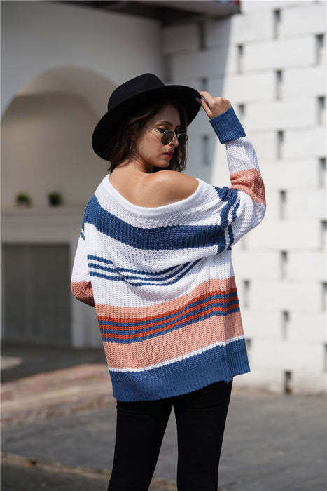 Color-Women Rainbow Color Splicing Knitwear Pullover Office Loose Sweater Women-Fancey Boutique