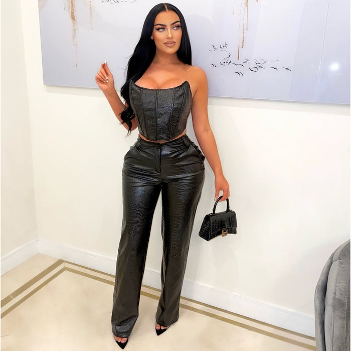 Color-Women Clothing Tube Top Faux Leather Suit Sexy Faux Leather Two Piece Set-Fancey Boutique