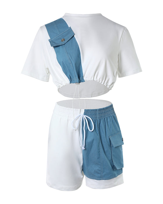 Color-Summer Imitation Denim Short Stitching Casual Set-Fancey Boutique