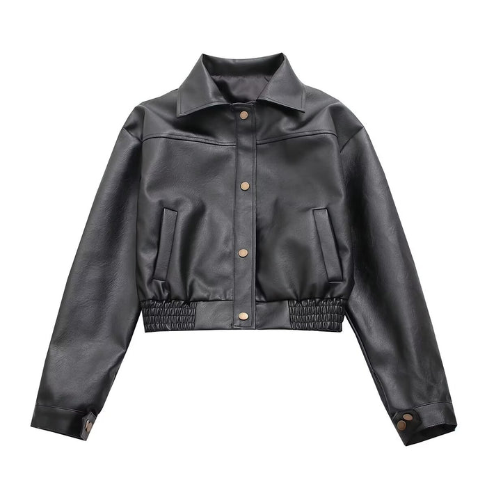 Color-Black Short Leather Jacket Women Autumn Hong Kong Retro Loose Lapels Short Coat-Fancey Boutique