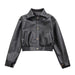 Color-Black Short Leather Jacket Women Autumn Hong Kong Retro Loose Lapels Short Coat-Fancey Boutique